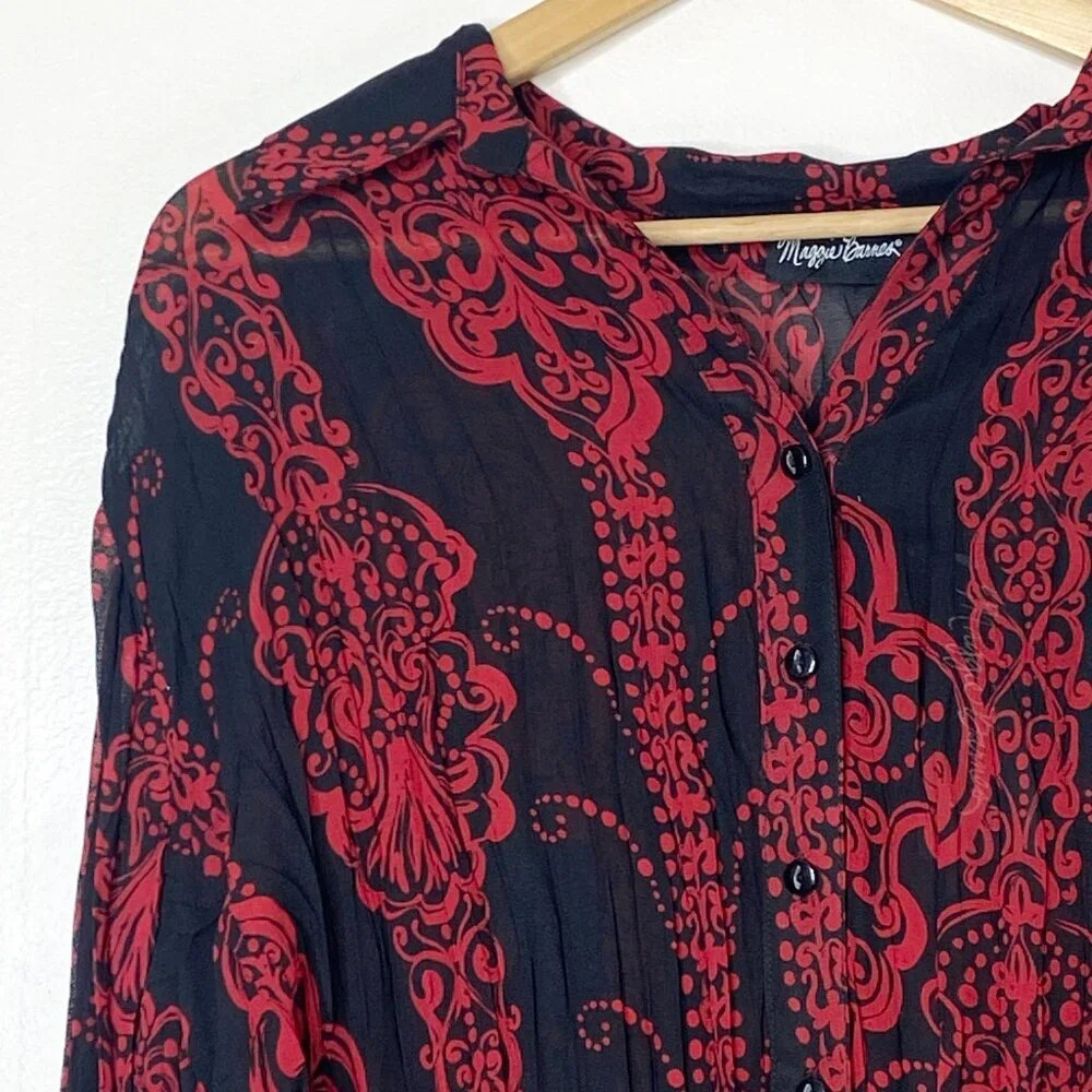 NWT Maggie Barnes Red Black Crinkle Sheer Crepe Button Up Top 0X 14/16 - Picture 3 of 9